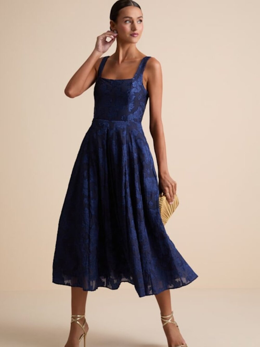 Lulus Loira Navy Burnout Jacquard Lace-up Midi Dress Blue - Size XL - Pockets!